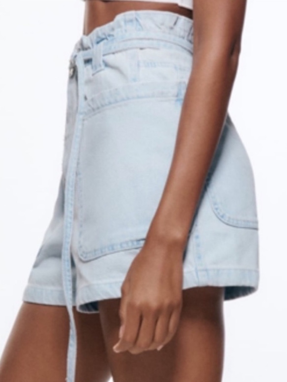 Zara Softest Light Wash High Waist Belted Blue Picket Denim Jean Shorts 6 NWOT